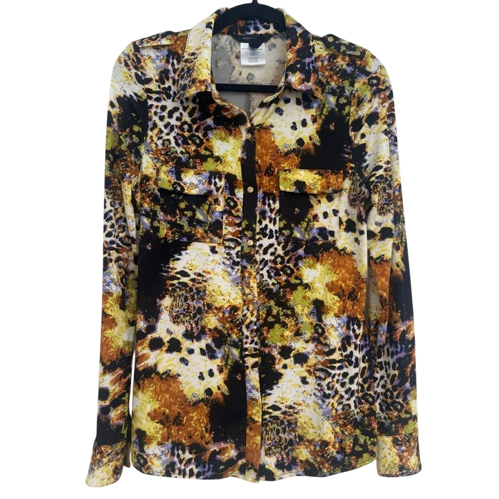 BCBGMAXAZRIA Blouse Women's Medium Yellow Black Leopard Print Snap Up